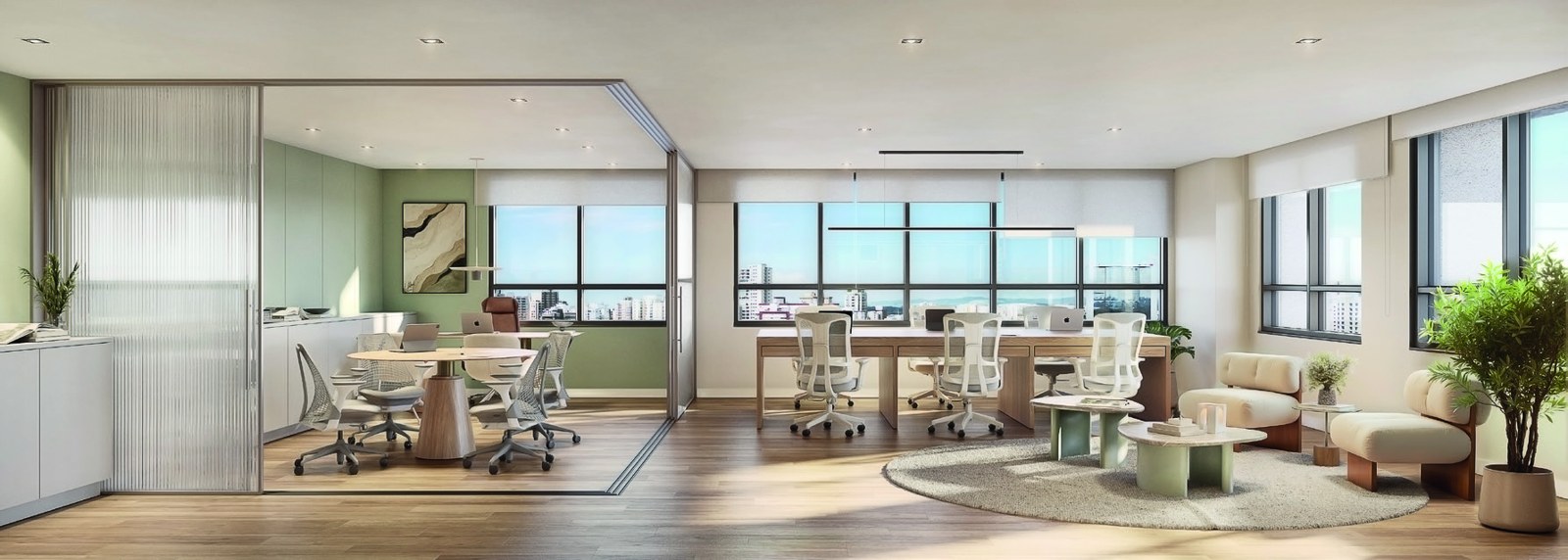 Perspectiva ilustrada de sala ampla de 70 a 88 m² no MARTIM: quatro estações de trabalho lado a lado, sala de reunião fechada com vidro ao fundo e iluminação natural pelas janelas
