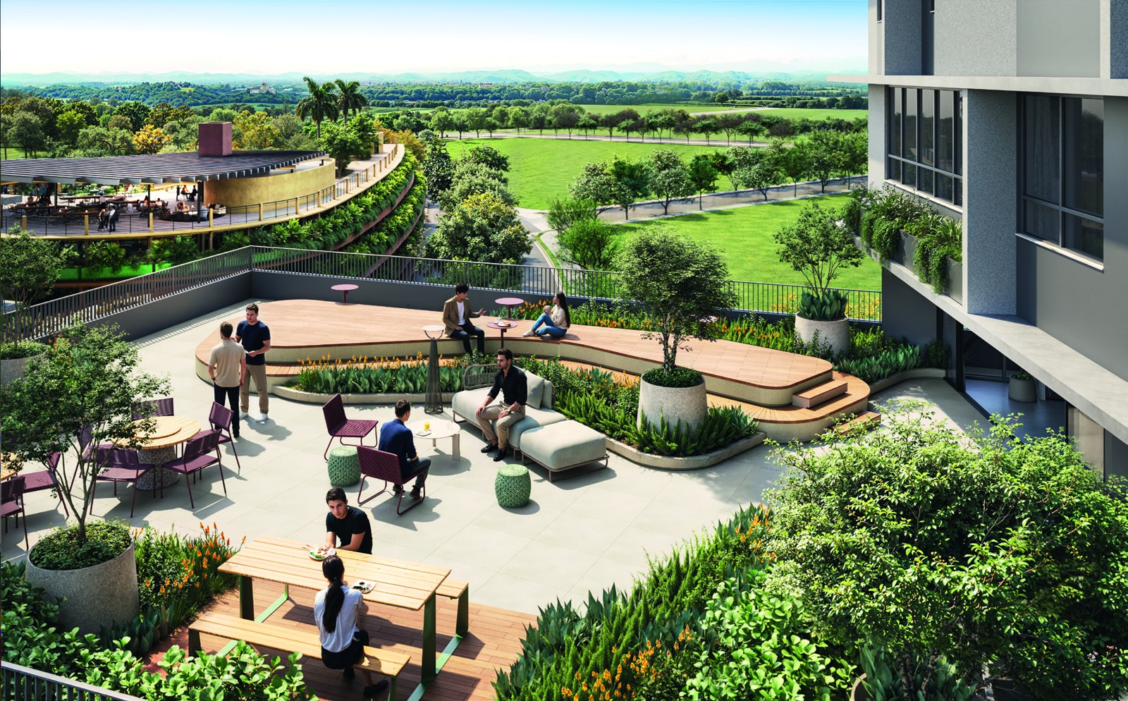 Perspectiva ilustrada do espaço gourmet e mirador do 7º andar do MARTIM: bancada com cooktop, mesas para refeições e terraço aberto com vista dos prédios e da área verde do Parque Una