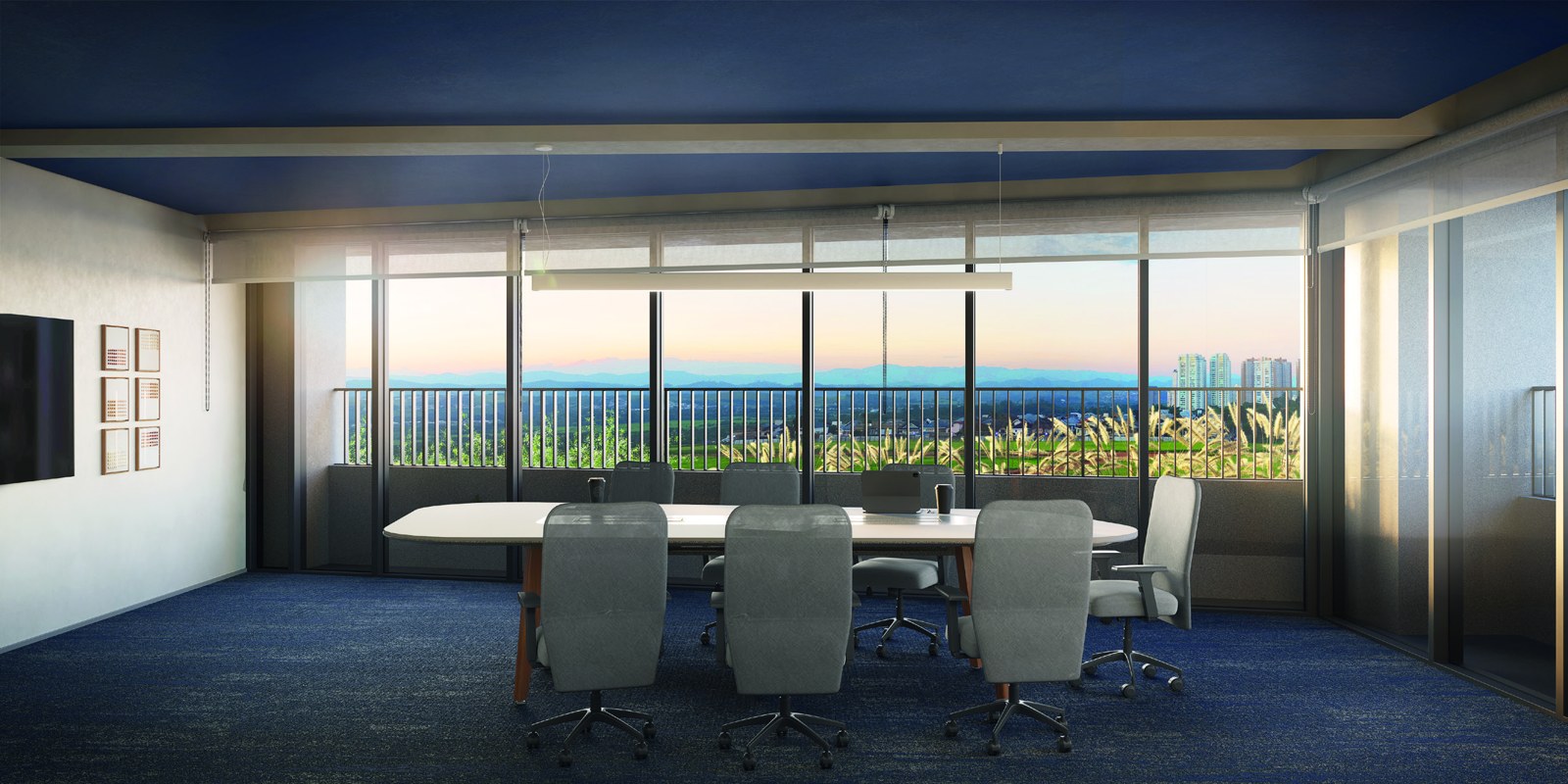 Perspectiva ilustrada de sala comercial compacta de 39 a 41 m² no MARTIM, montada com mesa de trabalho, duas cadeiras e janela do piso ao teto com vista para o Parque Una