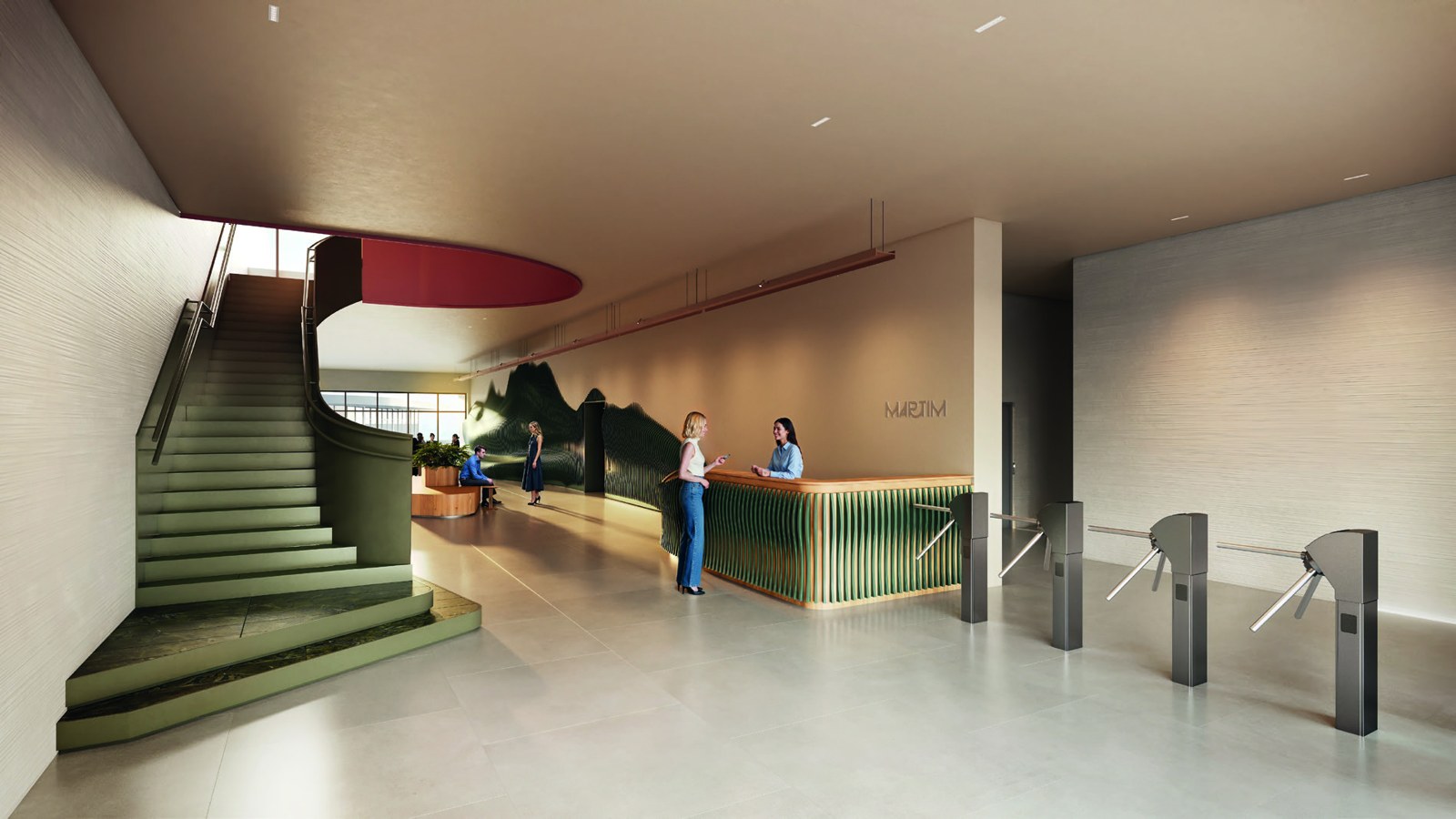 Perspectiva ilustrada do hall de entrada do MARTIM: pé-direito alto, escada escultural clara ao centro, balcão de recepção à direita e portas de vidro abrindo para a Avenida Cassiano Ricardo